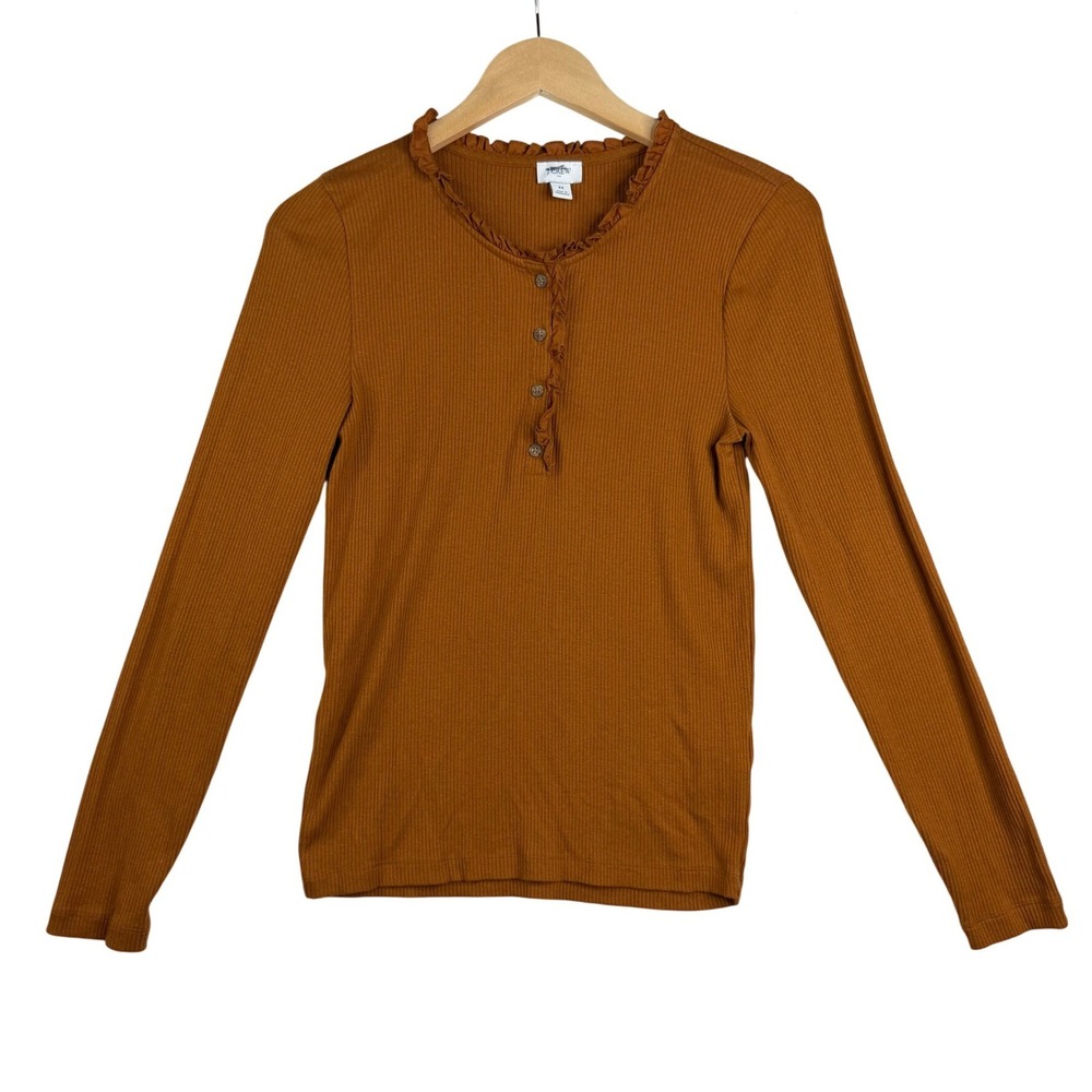 J. Crew Ribbed Knit Ruffle Neck Henley Long Sleeve size Medium Rust Brown